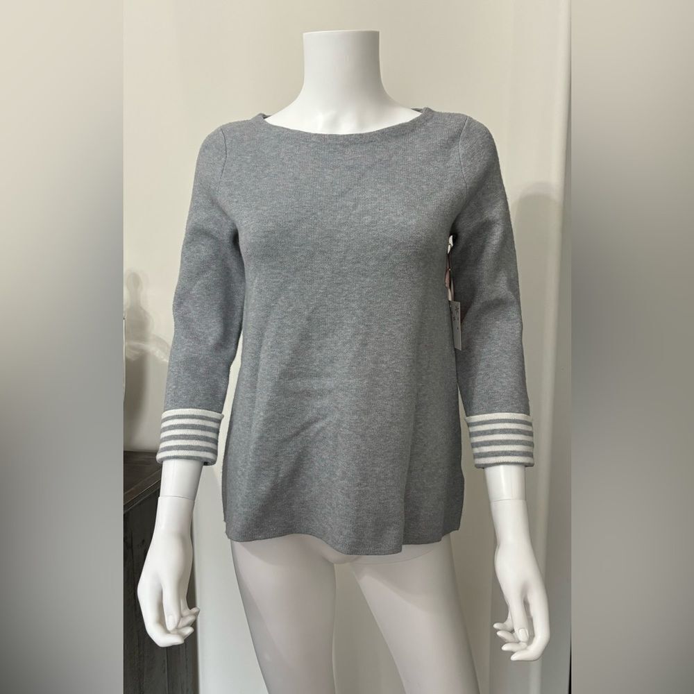 Tahari Grey Pullover Sweater,  Gray & White Striped Cuffs, Women’s Sz Small, NWT